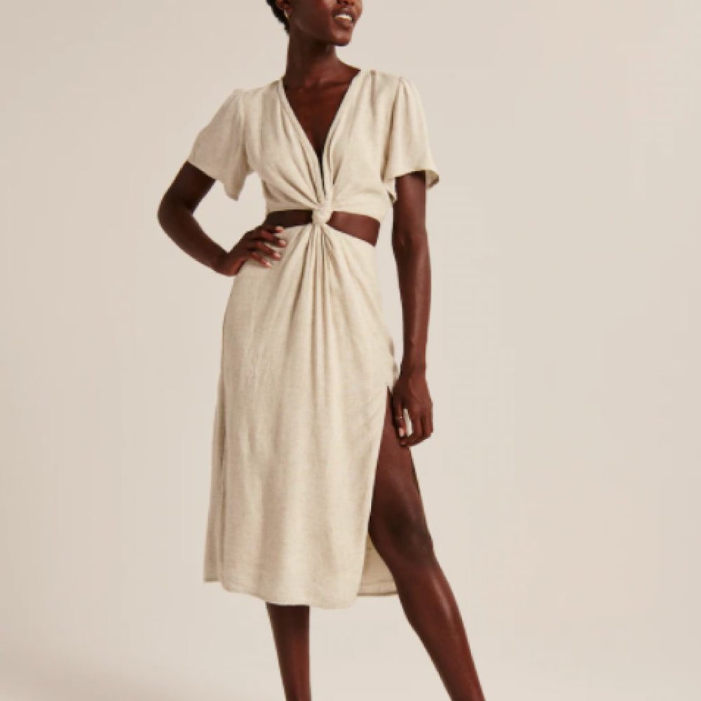 Abercrombie & Fitch Knot-Front Cutout Midi Dress - CREAM XS PET